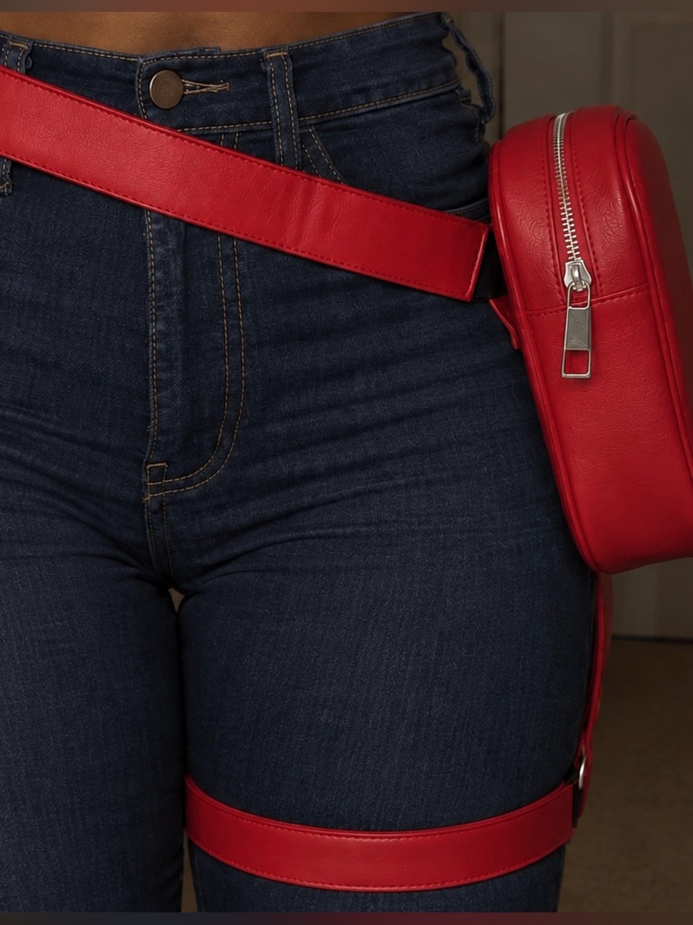 Fashion Nova Red Faux Leather Thigh Harness Leg Bag
